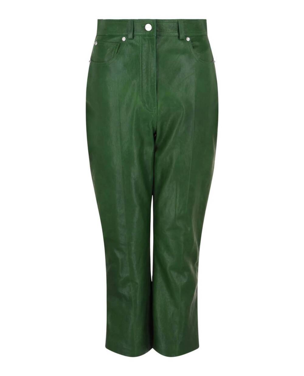 NEW SALVATORE FERRAGAMO women's cropped leather straight-leg pants in dark green